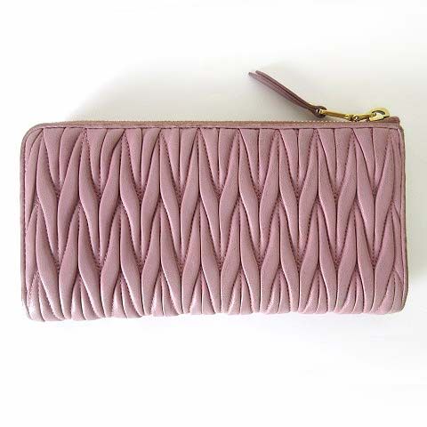 Miu Miu Miu Wallet Matelasse L-shaped Zipper Leather Dusty Pink Dull