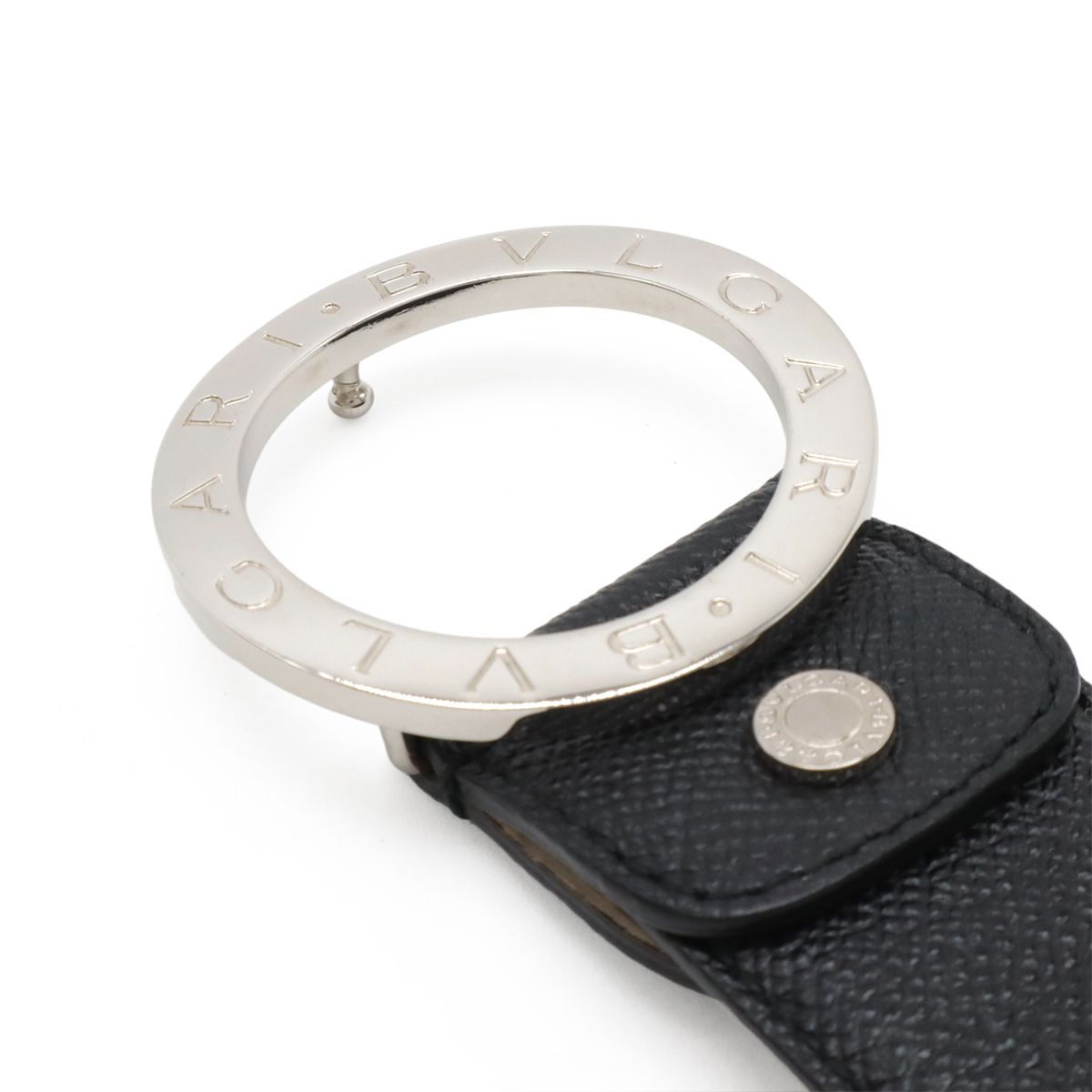 Bvlgari Belt Round Logo Buckle Gray Leather Black Silver 110 Actual 87.5 cm Cut