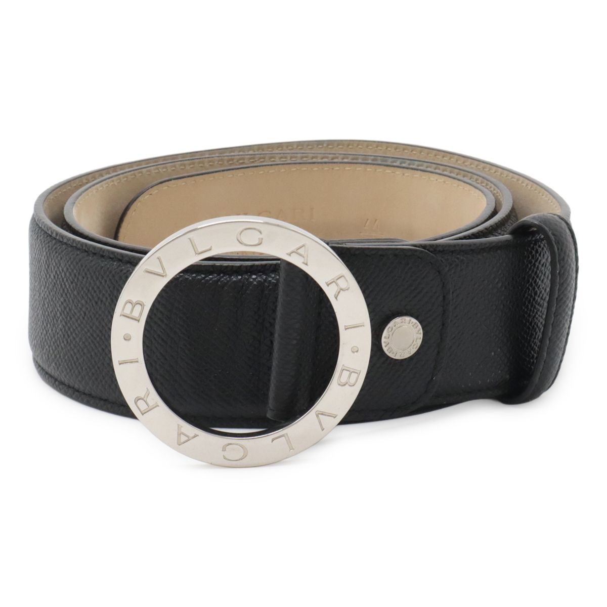 Bvlgari Belt Round Logo Buckle Gray Leather Black Silver 110 Actual 87.5 cm Cut