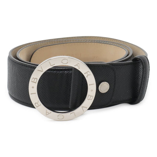 Bvlgari Belt Round Logo Buckle Gray Leather Black Silver 110 Actual 87.5 cm Cut