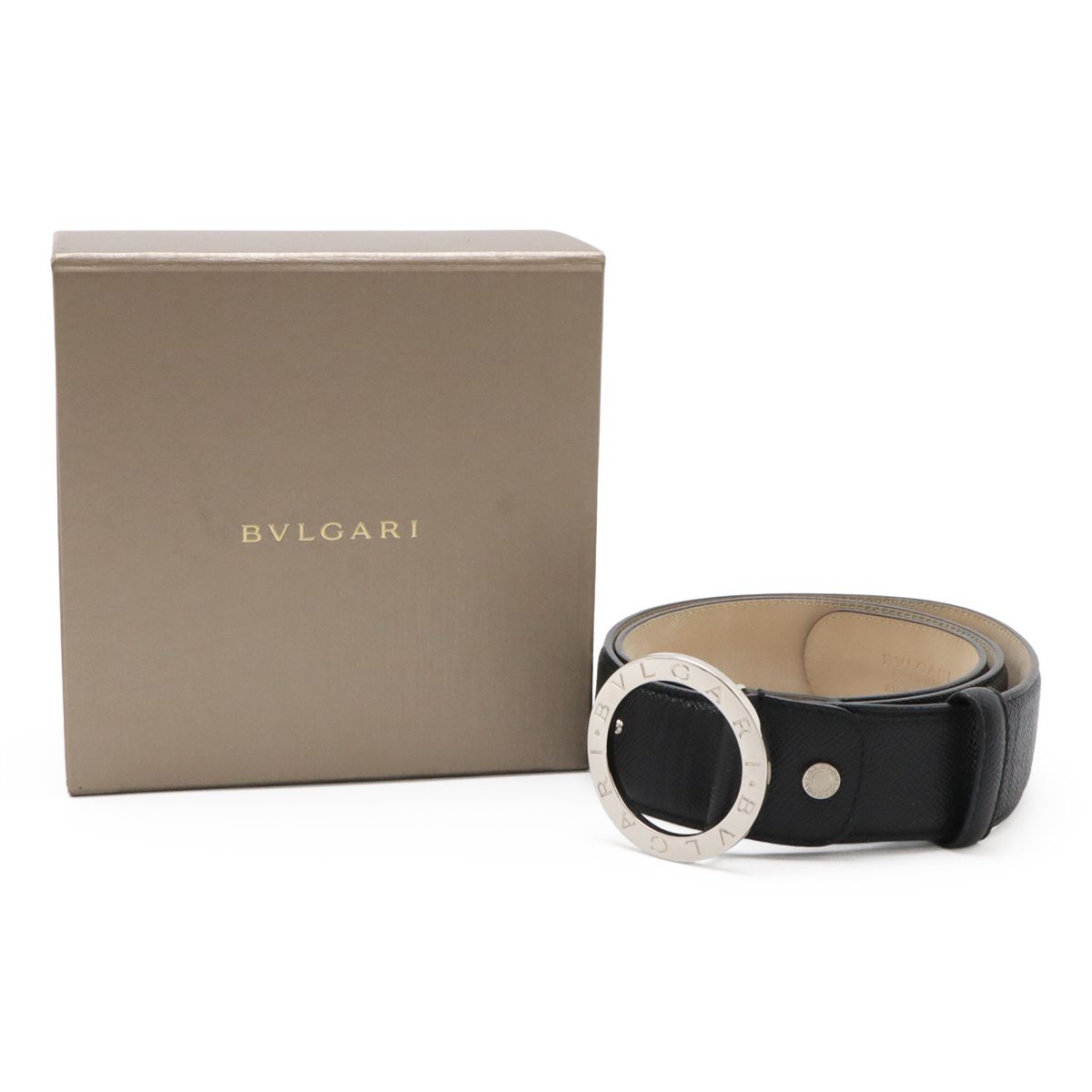 Bvlgari Belt Round Logo Buckle Gray Leather Black Silver 110 Actual 87.5 cm Cut
