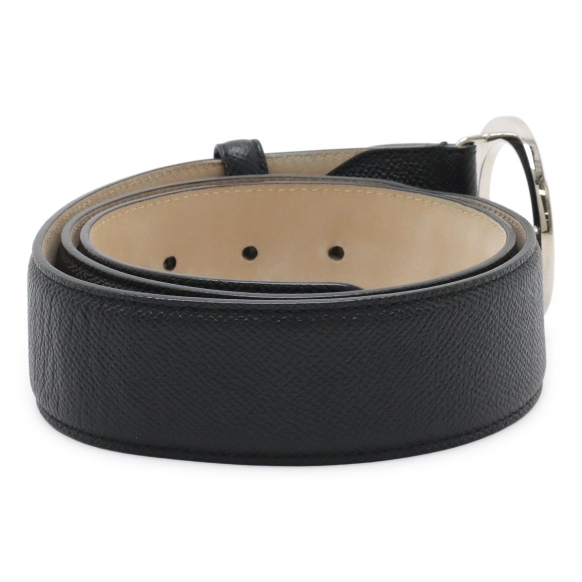 Bvlgari Belt Round Logo Buckle Gray Leather Black Silver 110 Actual 87.5 cm Cut