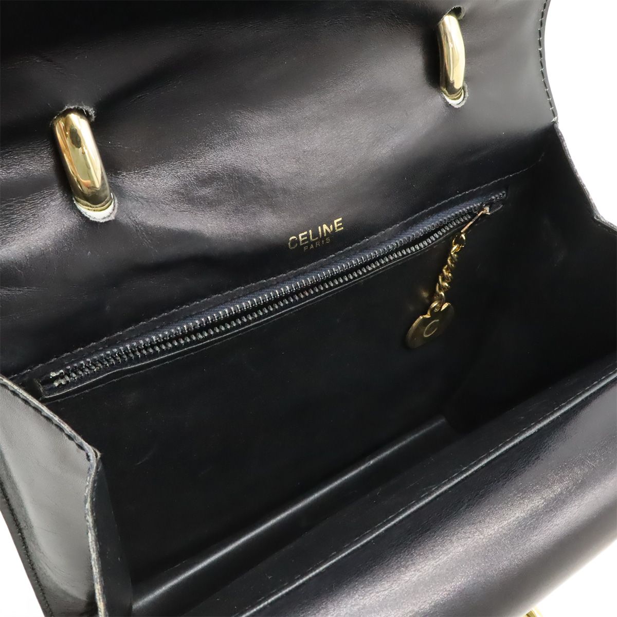 Celine Ganchini Double Flap Handbag Leather Black Gold