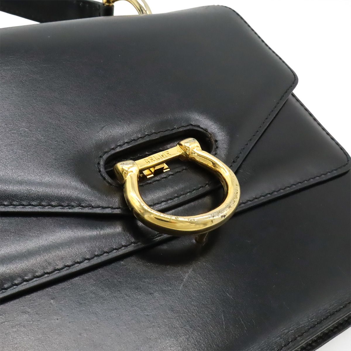 Celine Ganchini Double Flap Handbag Leather Black Gold