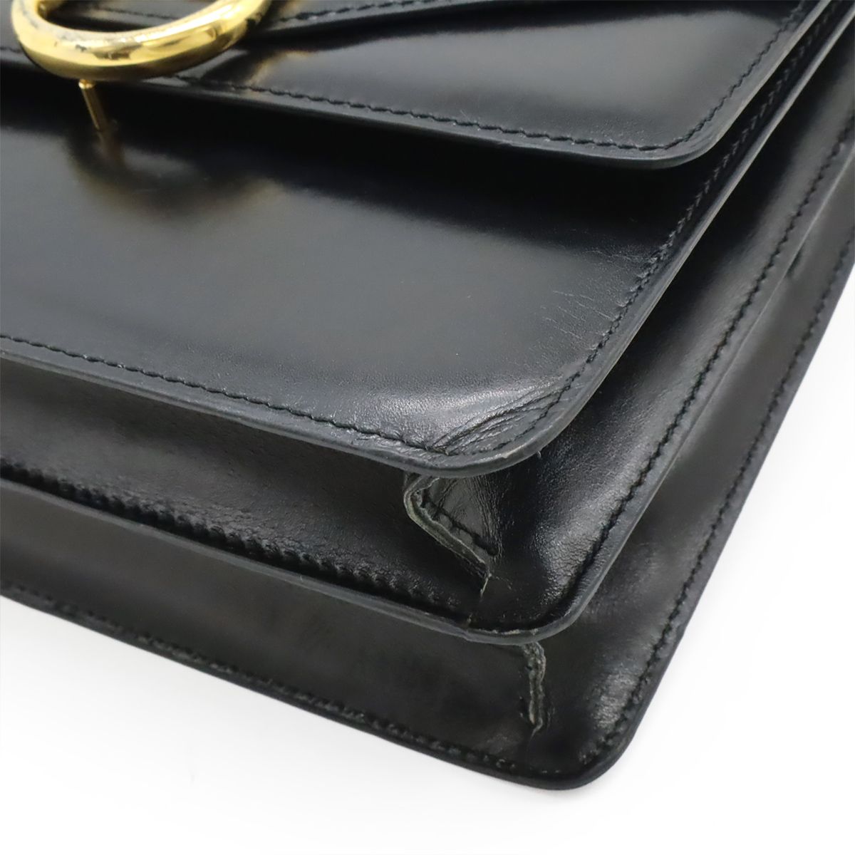 Celine Ganchini Double Flap Handbag Leather Black Gold