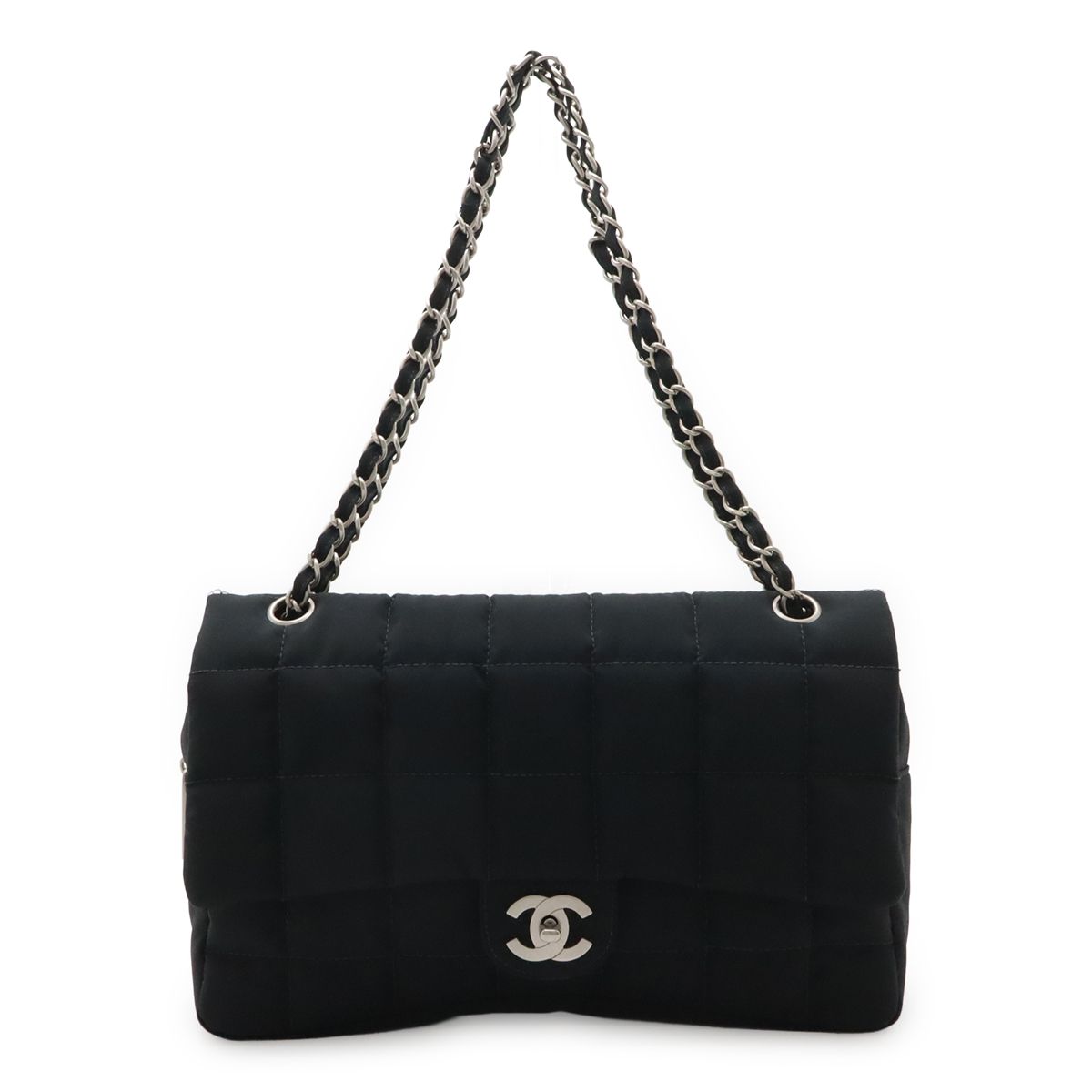 Chanel Choco Bar CC Logo Chain Shoulder Bag Quilted Nylon Black Silver