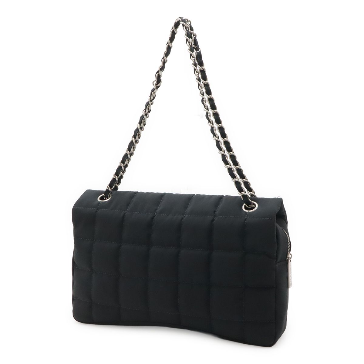 Chanel Choco Bar CC Logo Chain Shoulder Bag Quilted Nylon Black Silver