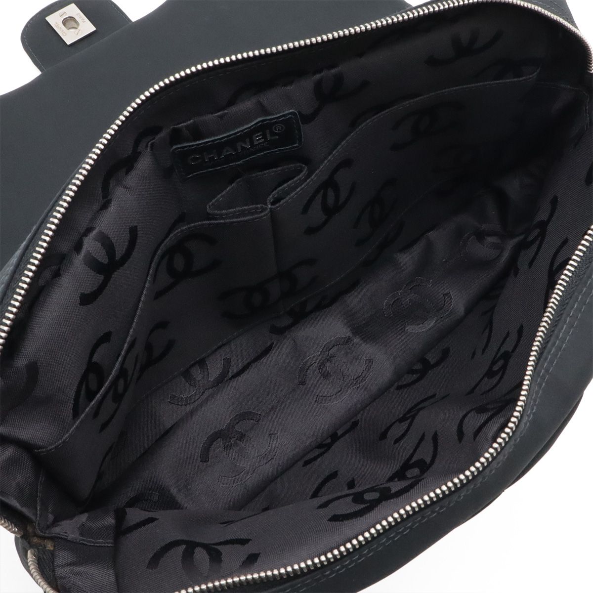 Chanel Choco Bar CC Logo Chain Shoulder Bag Quilted Nylon Black Silver