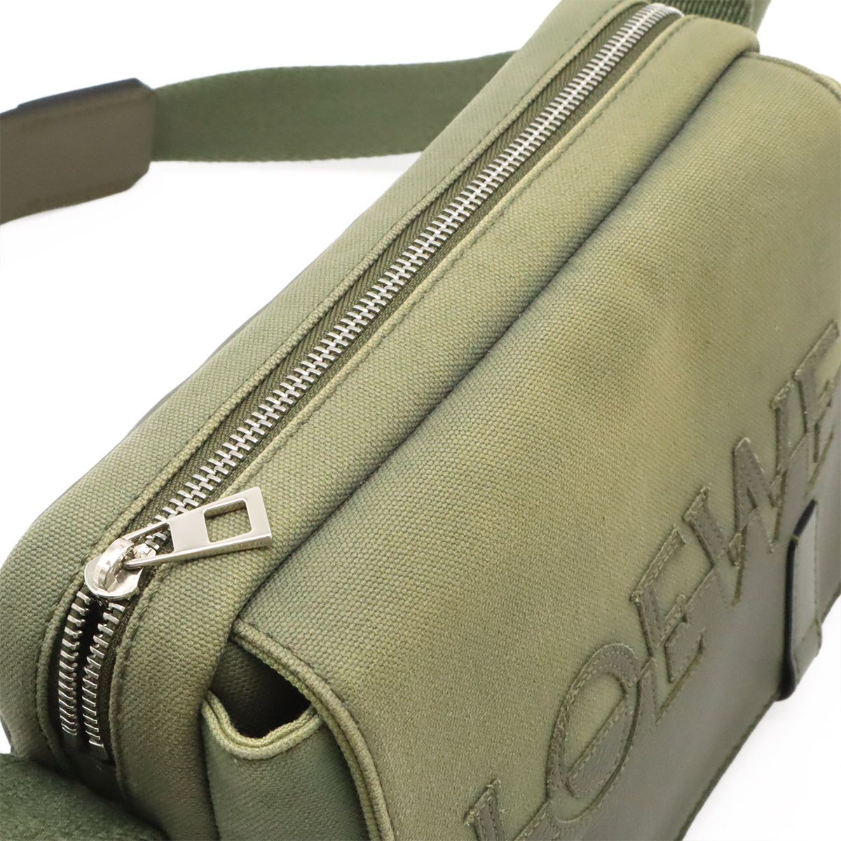Loewe Logo Military Messenger Bag XS Canvas Leather Khaki Green Silver