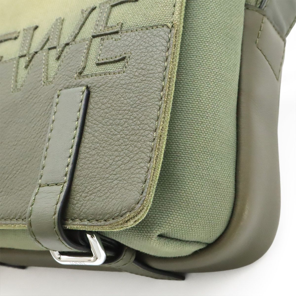 Loewe Logo Military Messenger Bag XS Canvas Leather Khaki Green Silver