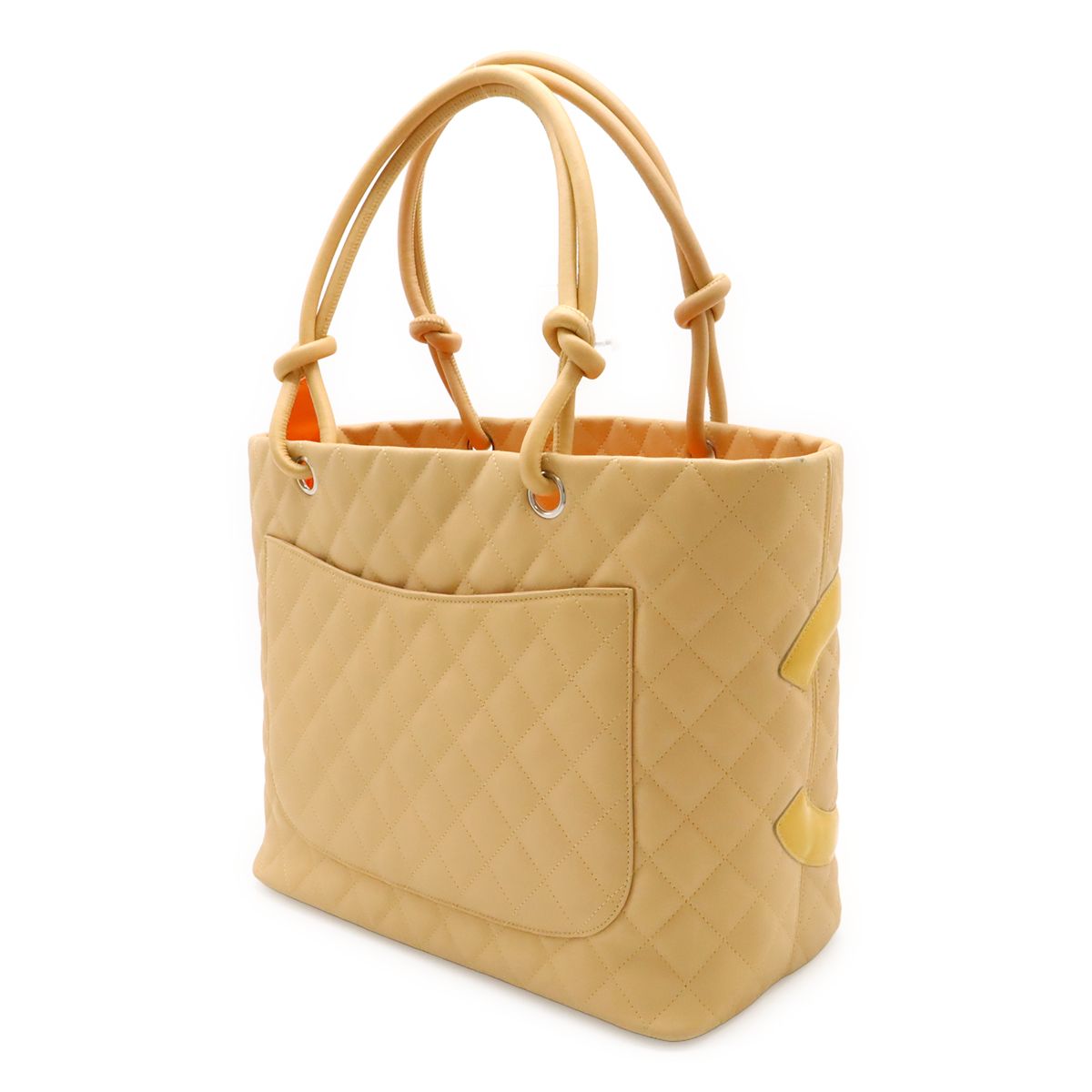 Chanel Cambon Line CC Logo Large Tote Shoulder Bag Soft Calf Enamel Beige Yellow