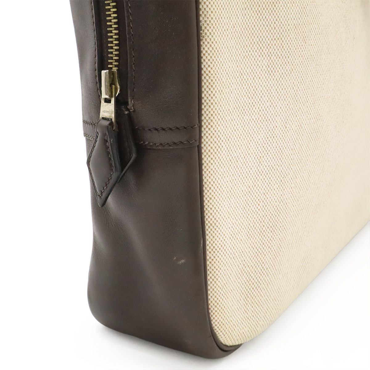 Hermes Plume Dog 38 Briefcase Business Toile Ash Veau Barenia Natural Dark Brown
