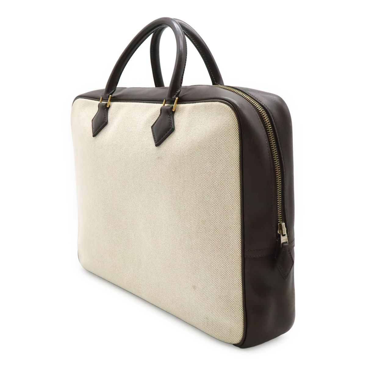 Hermes Plume Dog 38 Briefcase Business Toile Ash Veau Barenia Natural Dark Brown