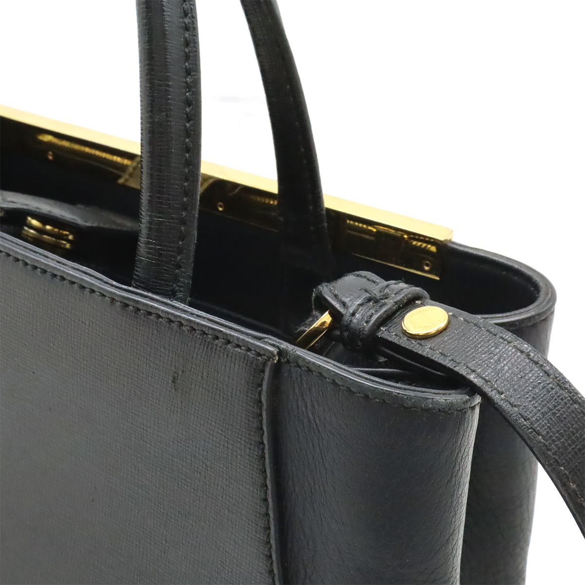 Fendi Petite Tote 2-Way Shoulder Bag Leather Black Gold