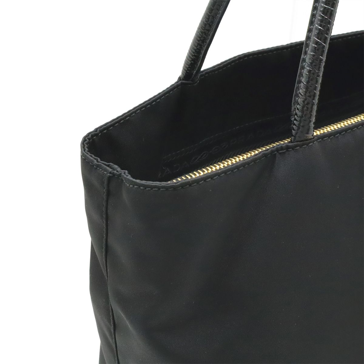 Prada Triangle Logo Tote Shoulder Bag Nylon Patent Nero Black Gold