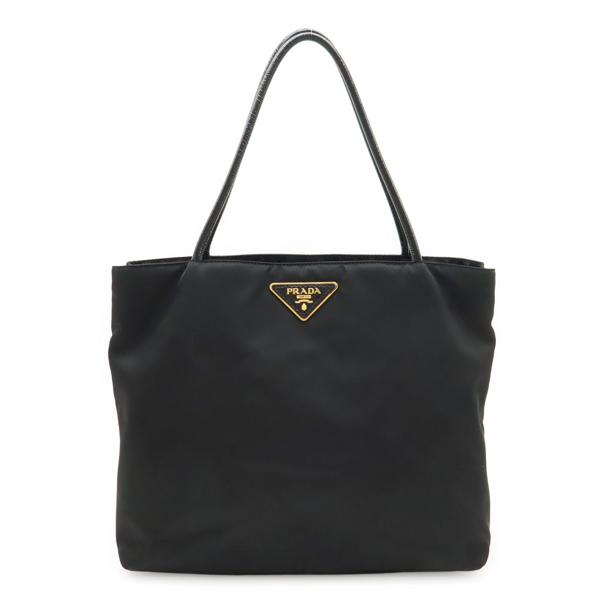 Prada Triangle Logo Tote Shoulder Bag Nylon Patent Nero Black Gold