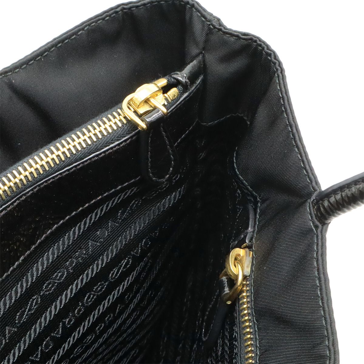 Prada Triangle Logo Tote Shoulder Bag Nylon Patent Nero Black Gold
