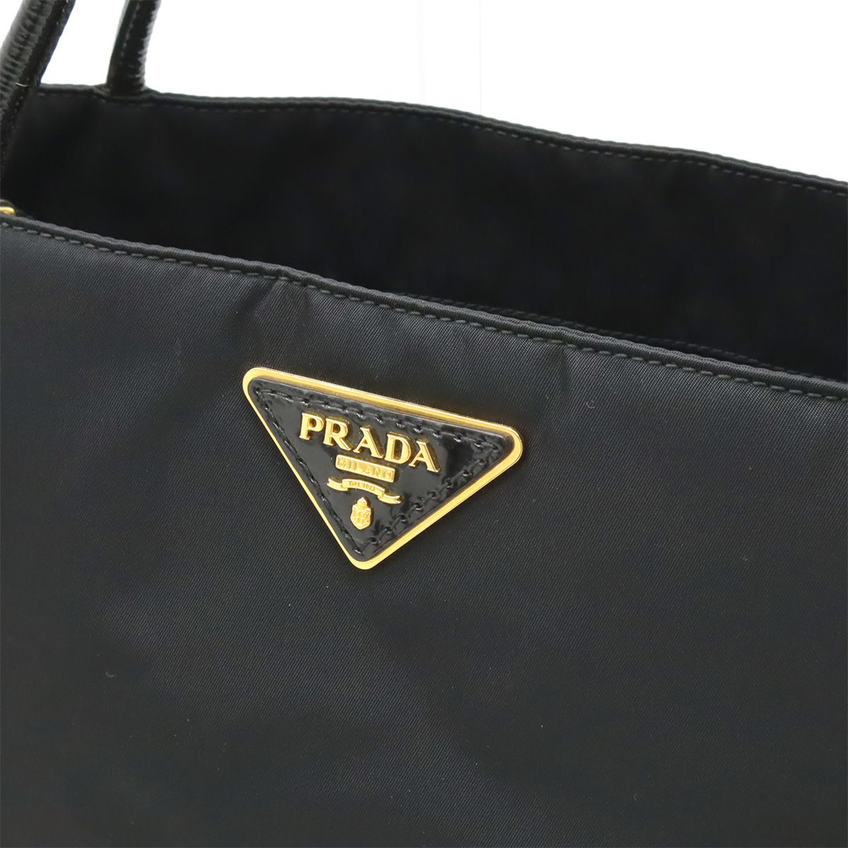 Prada Triangle Logo Tote Shoulder Bag Nylon Patent Nero Black Gold
