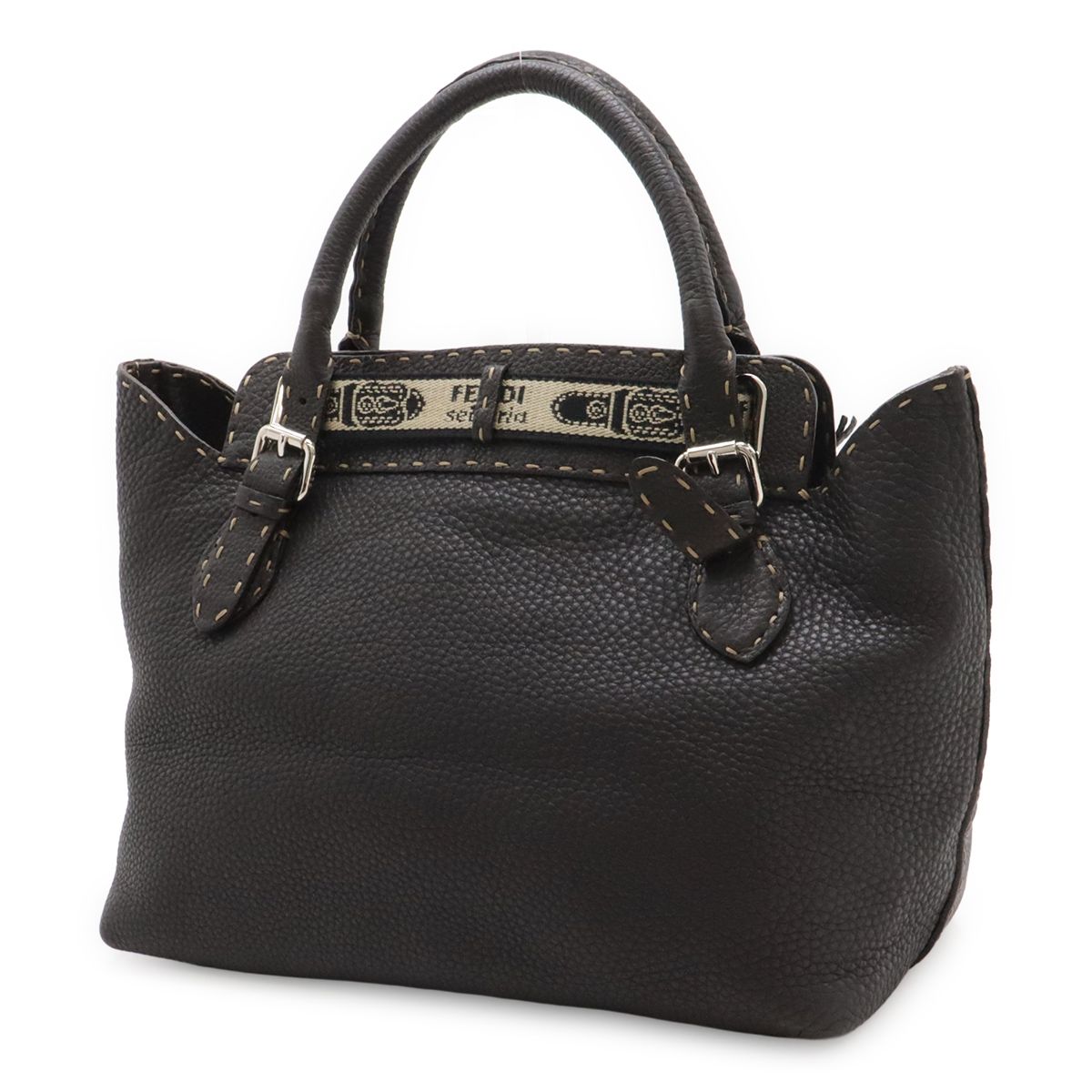 Fendi Selleria Villa Borghese Handbag Leather Dark Brown Silver