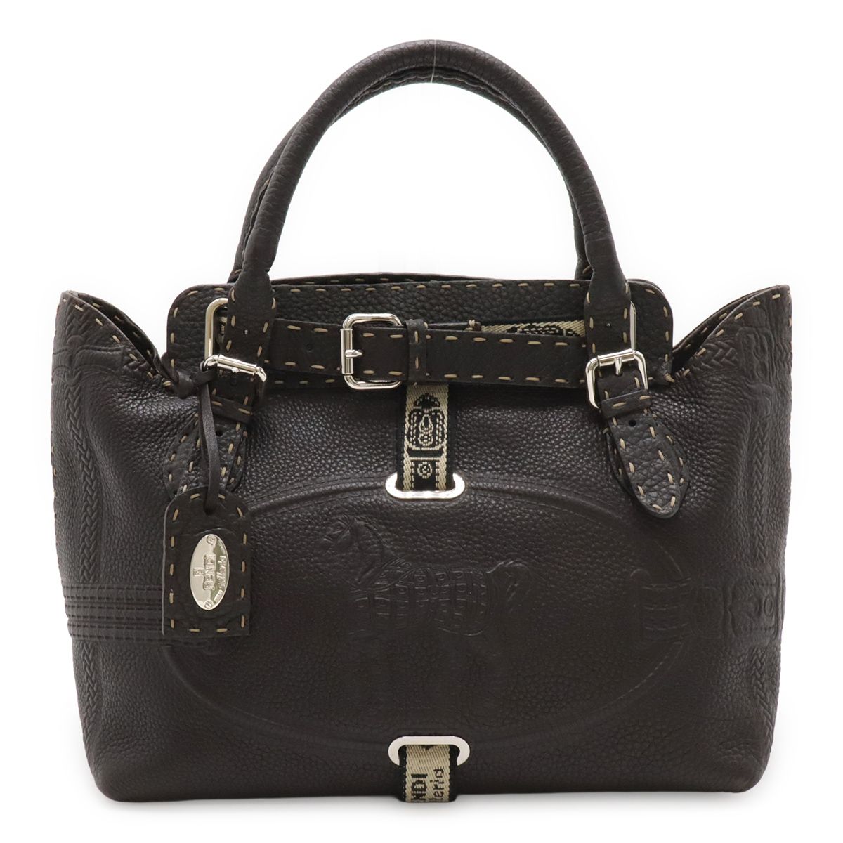 Fendi Selleria Villa Borghese Handbag Leather Dark Brown Silver