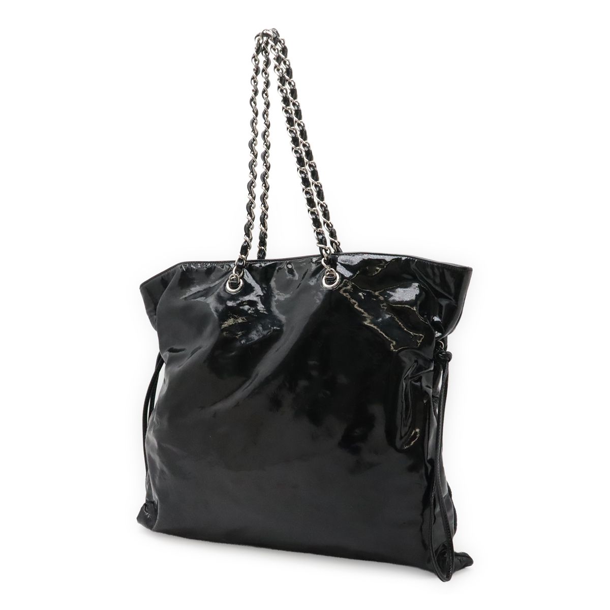 Chanel CC Logo Bonbon Tote Chain Shoulder Bag Drawstring Enamel Leather Black