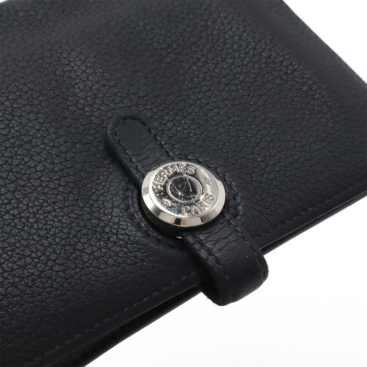 Hermes Dogon Compact Coin Purse Card Case Taurillon Clemence Black Navy Silver