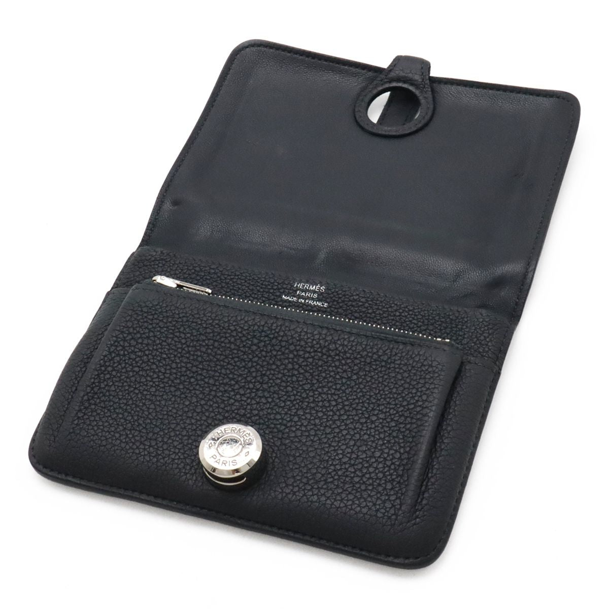 Hermes Dogon Compact Coin Purse Card Case Taurillon Clemence Black Navy Silver