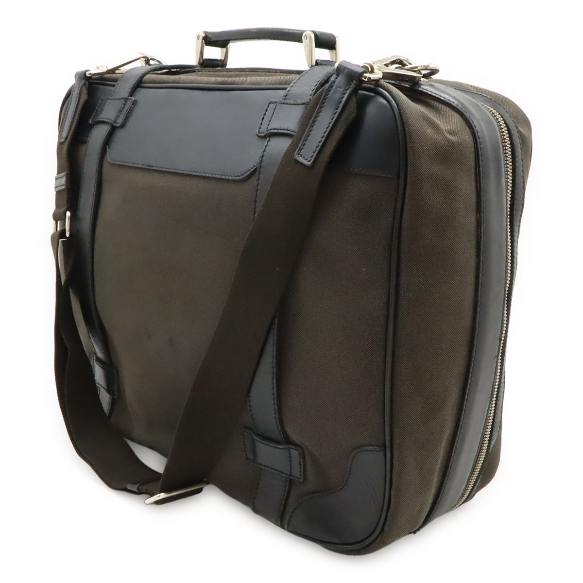 Prada Logo Jacquard Shoulder Bag Tote 2-Way Canvas Leather Brown Nero Black