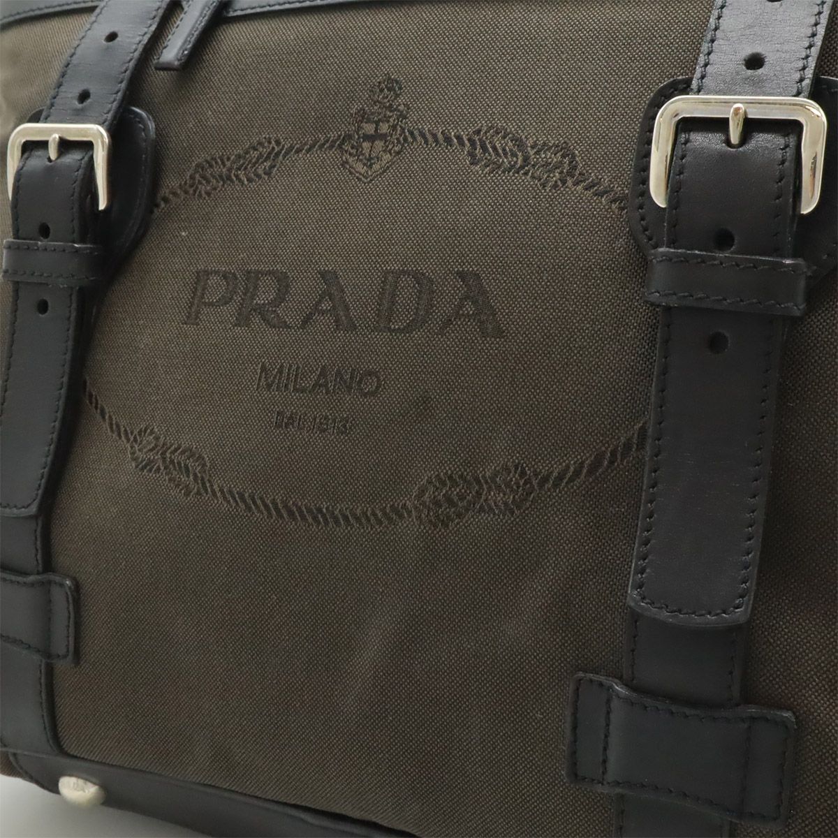 Prada Logo Jacquard Shoulder Bag Tote 2-Way Canvas Leather Brown Nero Black