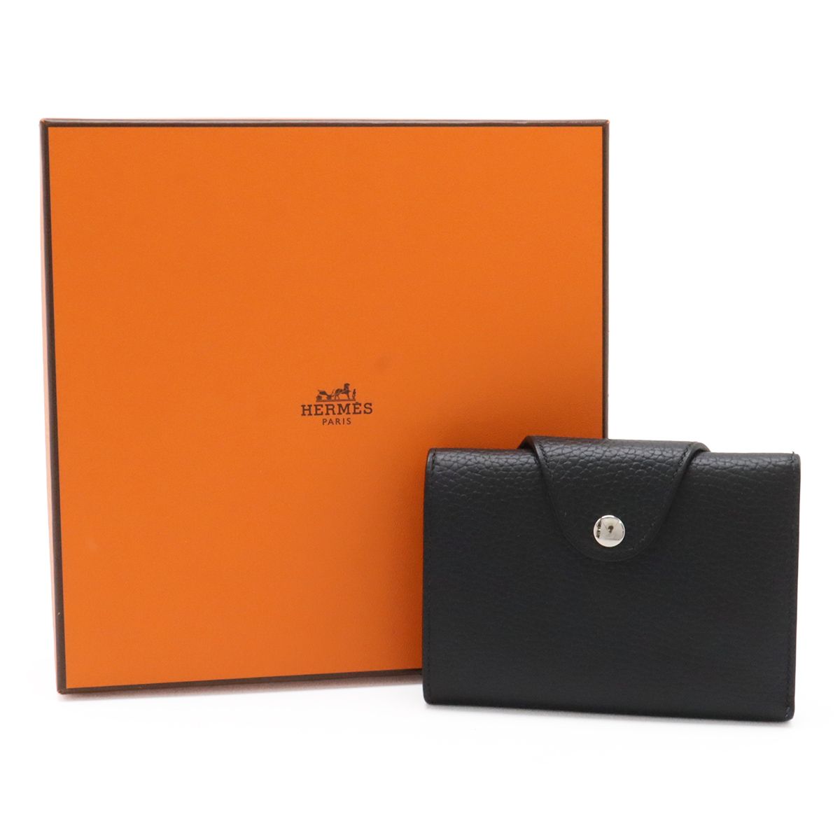 Hermes Illiade Compact Wallet Bifold Veau Gallop D'hermes Leather Black Silver