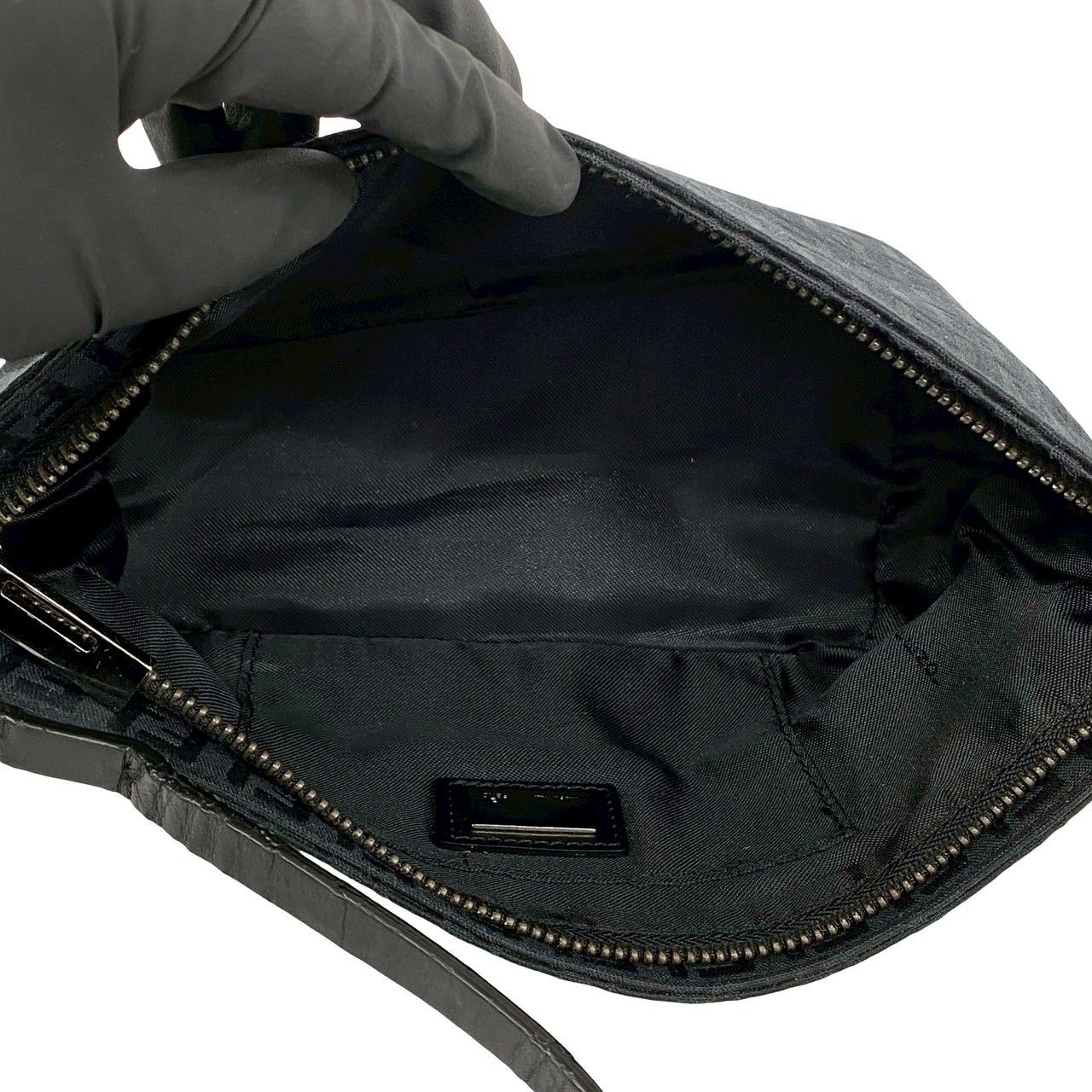 Fendi Zucchino Pattern Canvas Leather Shoulder Bag Pouch Black