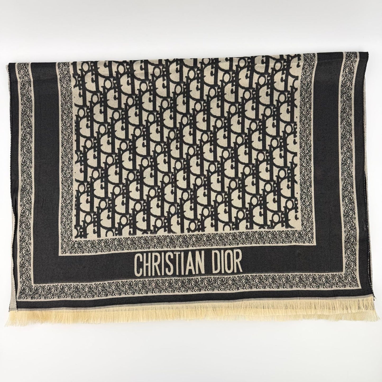 Dior le Shawl Black Beige Cashmere Silk Vintage Scarf