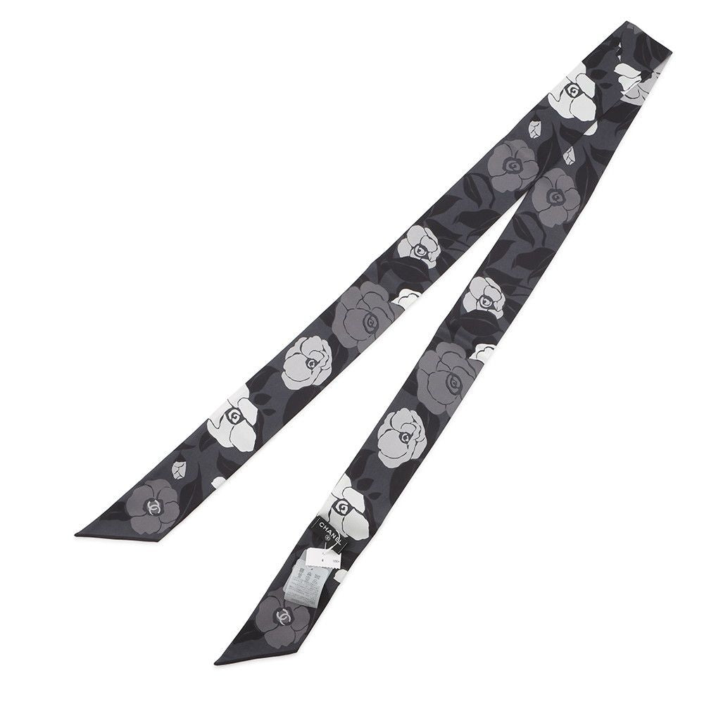 Chanel Scarf CC Logo Camellia All Over Pattern Silk Black