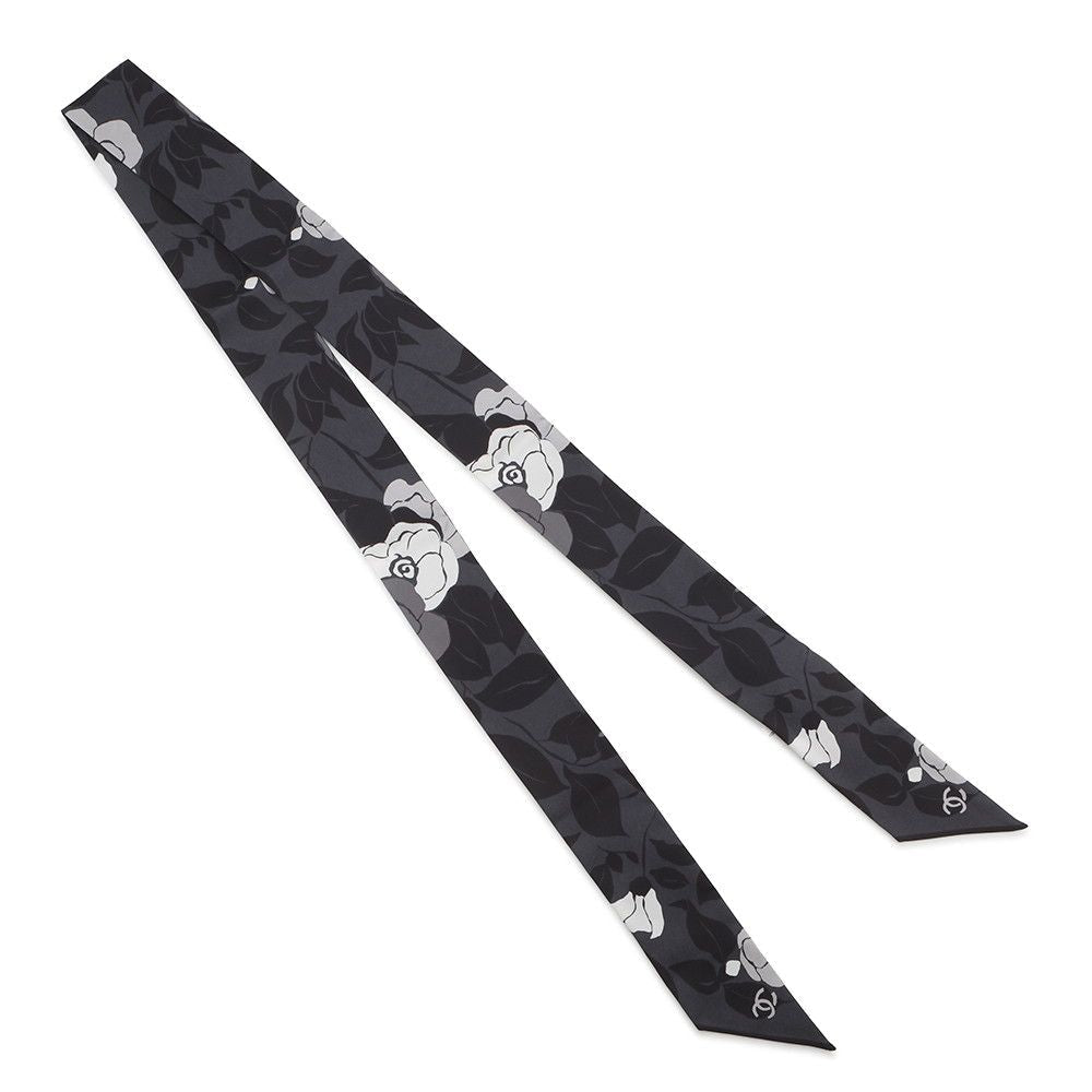 Chanel Scarf CC Logo Camellia All Over Pattern Silk Black