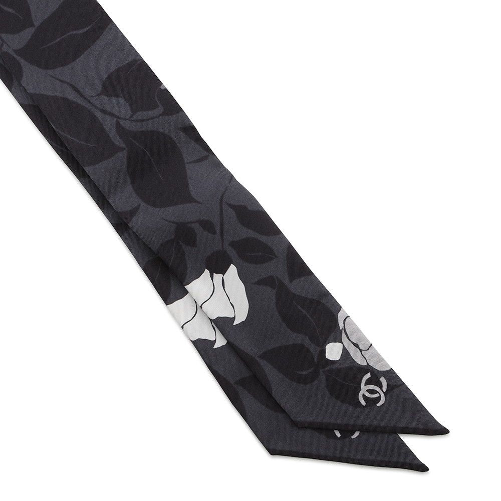 Chanel Scarf CC Logo Camellia All Over Pattern Silk Black