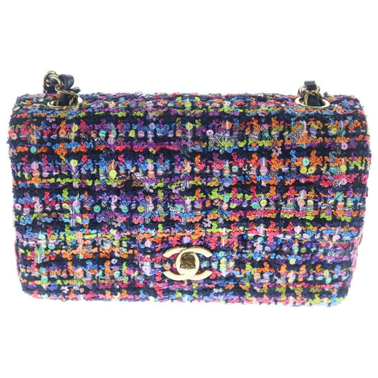 Chanel Mini Quilted 20 Multicolor Shoulder Bag Chain Tweed Sequins Gold