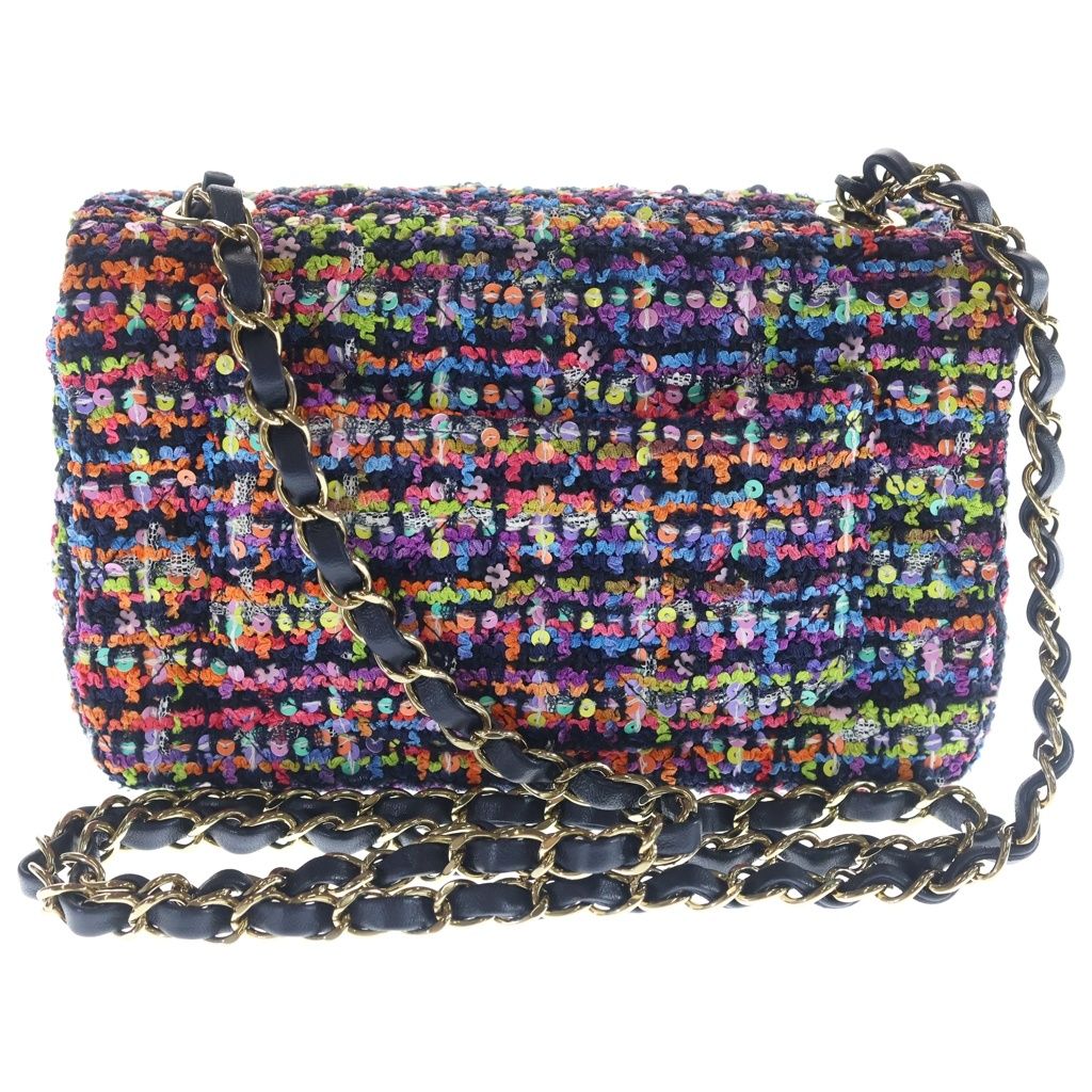Chanel Mini Quilted 20 Multicolor Shoulder Bag Chain Tweed Sequins Gold