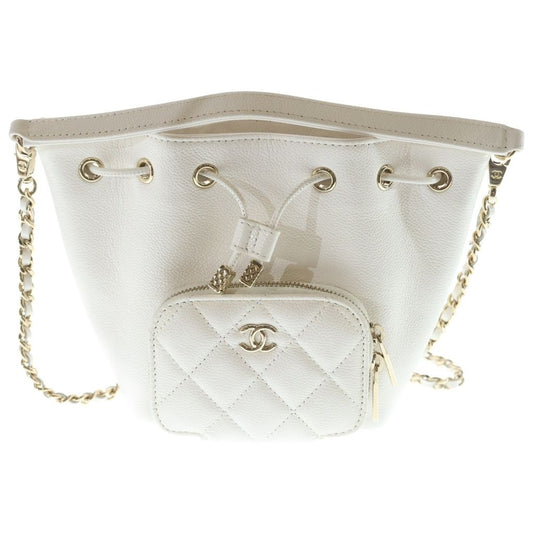Chanel Quilted 2-Way Shoulder Bag Chain White Caviar Leather Gold