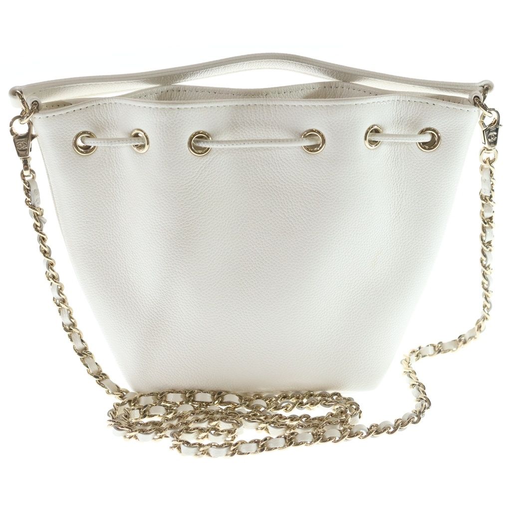 Chanel Quilted 2-Way Shoulder Bag Chain White Caviar Leather Gold