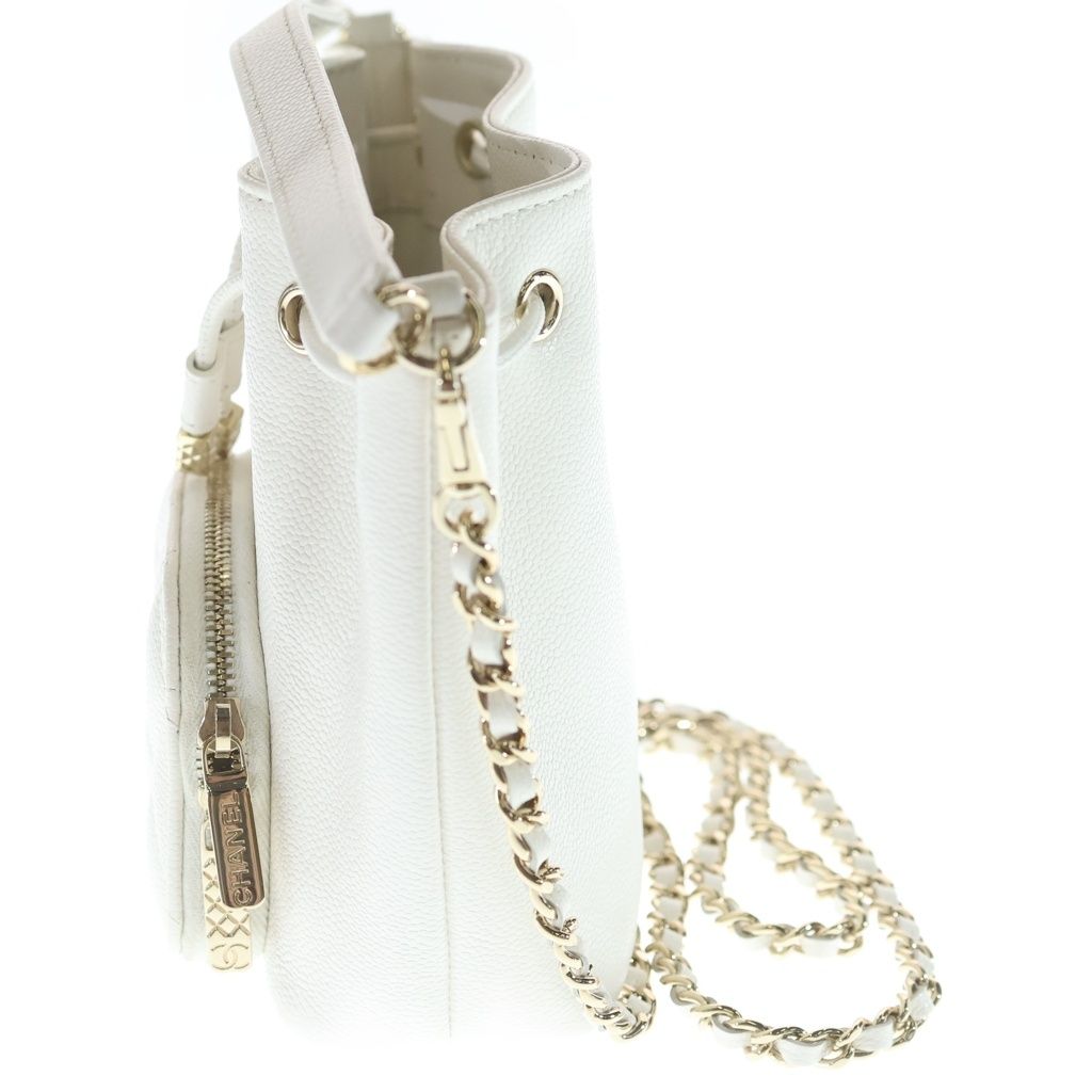 Chanel Quilted 2-Way Shoulder Bag Chain White Caviar Leather Gold