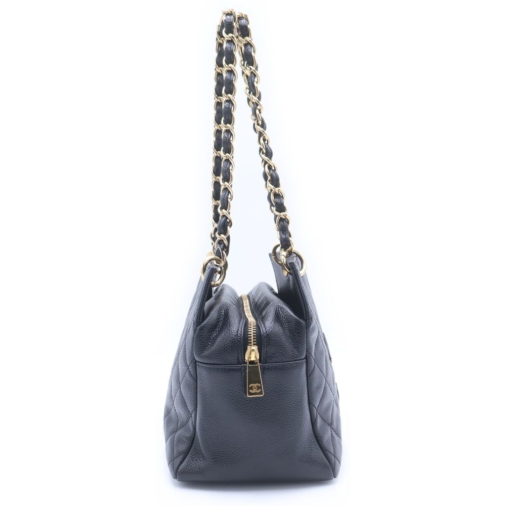 Chanel CC Logo 2-Way Chain Shoulder Bag Black Caviar Leather Gold