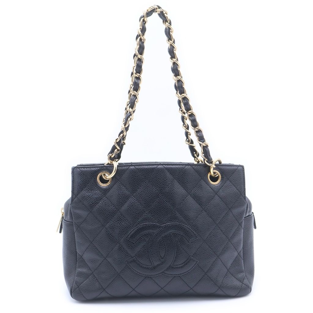 Chanel CC Logo 2-Way Chain Shoulder Bag Black Caviar Leather Gold