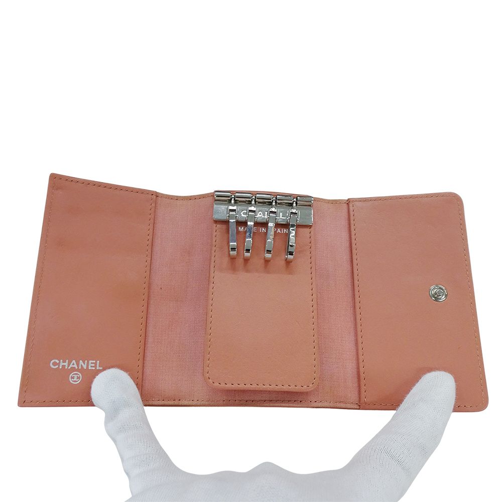 Chanel Key Case Caviar Leather 4 Rows Salmon Pink Silver CC Logo Key Holder