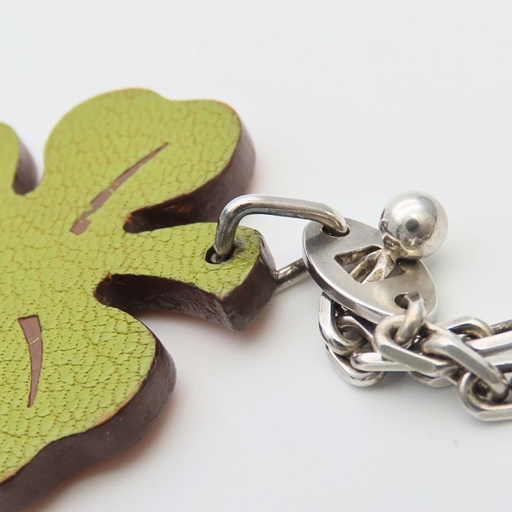 Hermes Bag Charm Clover Leather 925 Sterling Silver Green Orange Key Holder