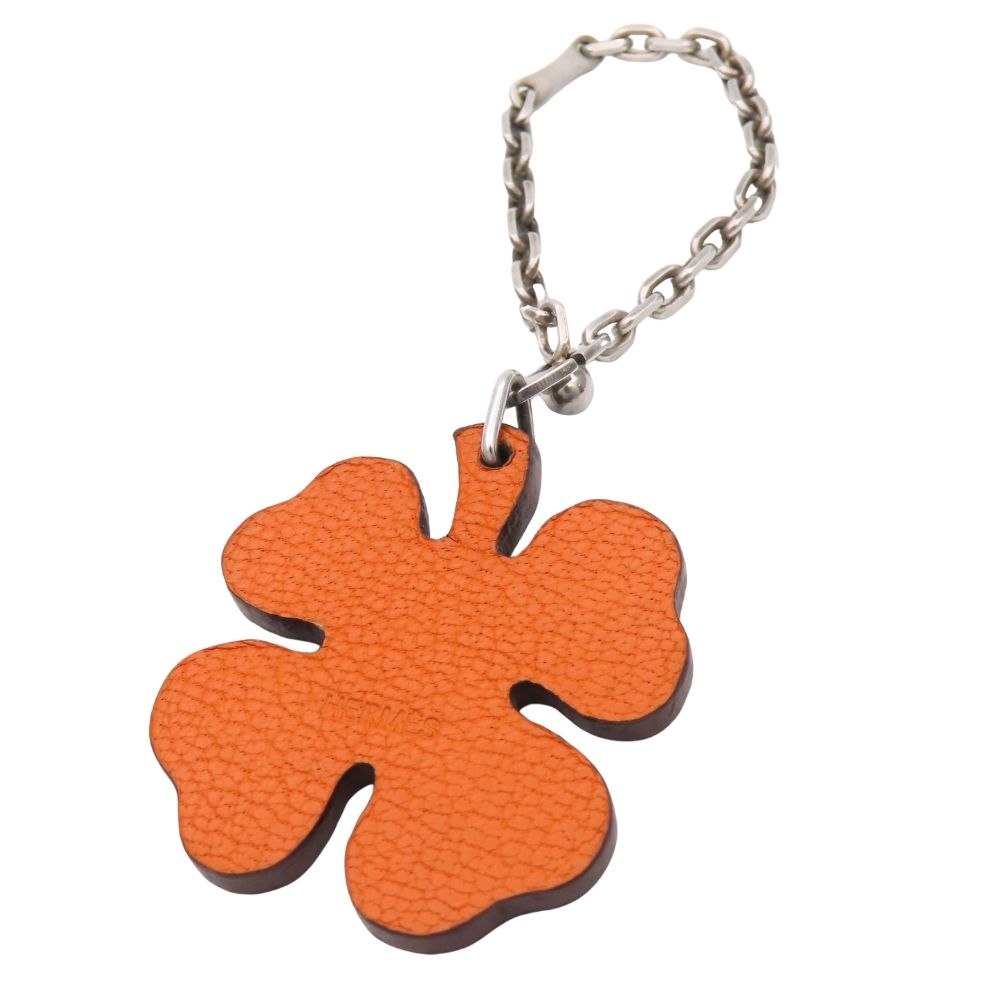 Hermes Bag Charm Clover Leather 925 Sterling Silver Green Orange Key Holder