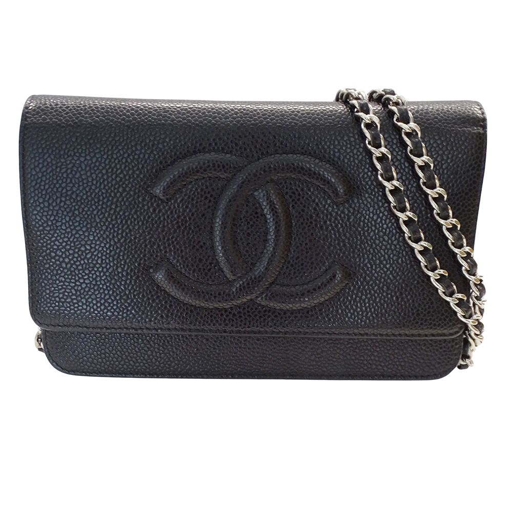Chanel Wallet Shoulder Caviar Leather CC Logo Black Silver