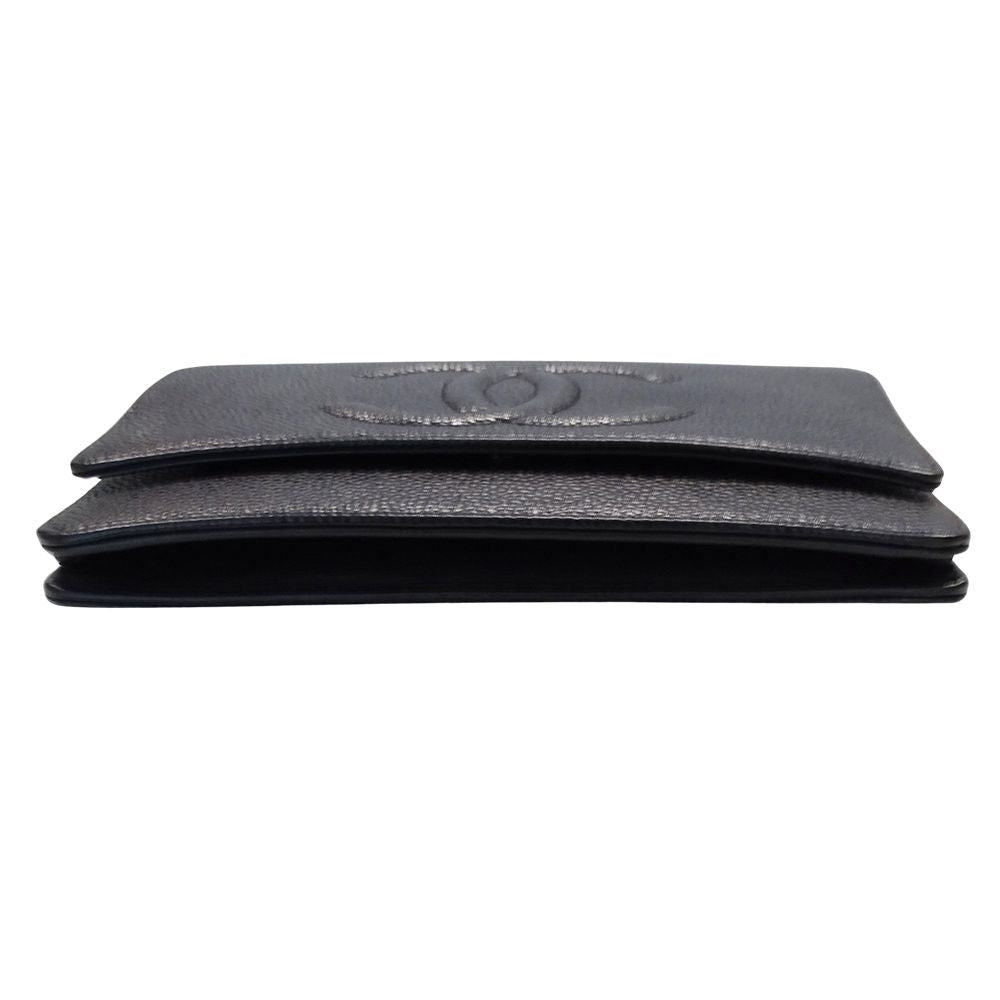 Chanel Wallet Shoulder Caviar Leather CC Logo Black Silver