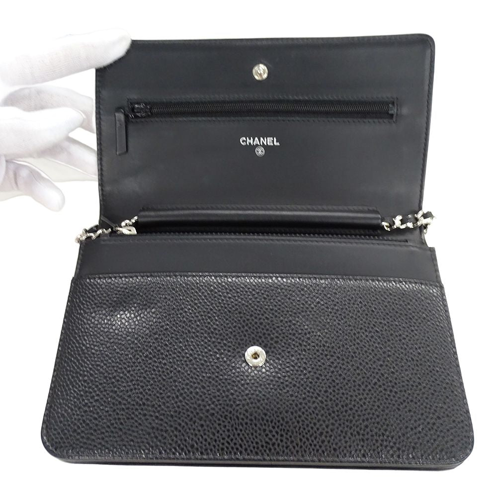 Chanel Wallet Shoulder Caviar Leather CC Logo Black Silver