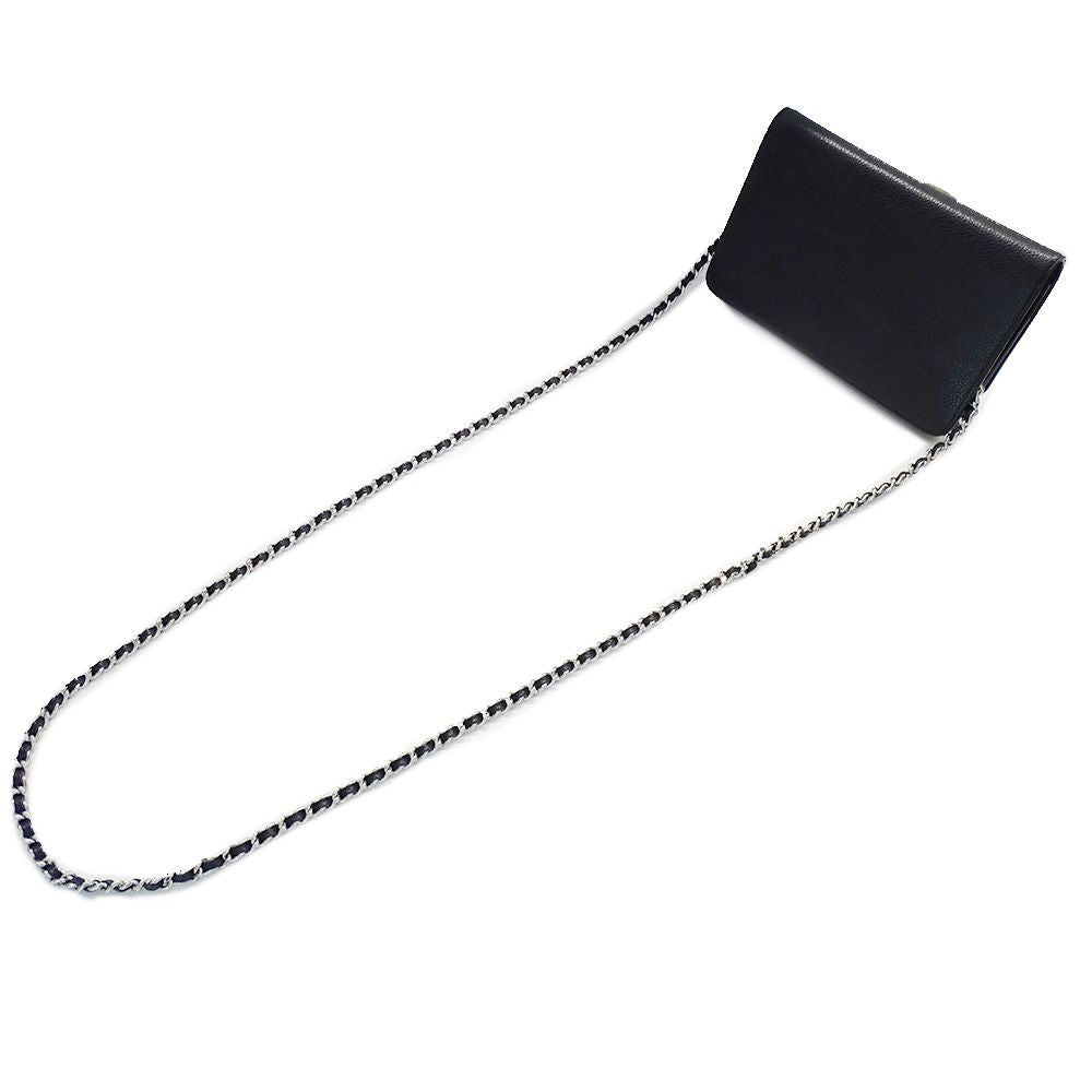 Chanel Wallet Shoulder Caviar Leather CC Logo Black Silver