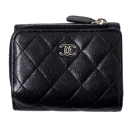 Chanel Wallet Quilted Trifold Caviar Leather Black Silver Mini